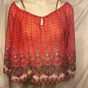 Ashley Stewart size 26 off the shoulder red orange semi sheer blouse.
